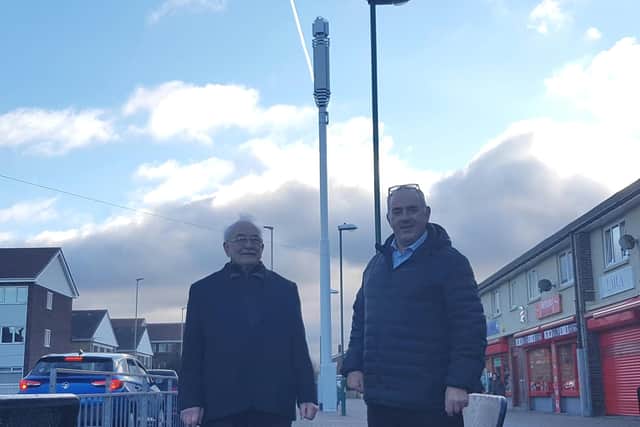 (l-r) Whiteleas ward councillors Bill Brady and Ernest Gibson beside the monopole development at Whiteleas Way, South Shields