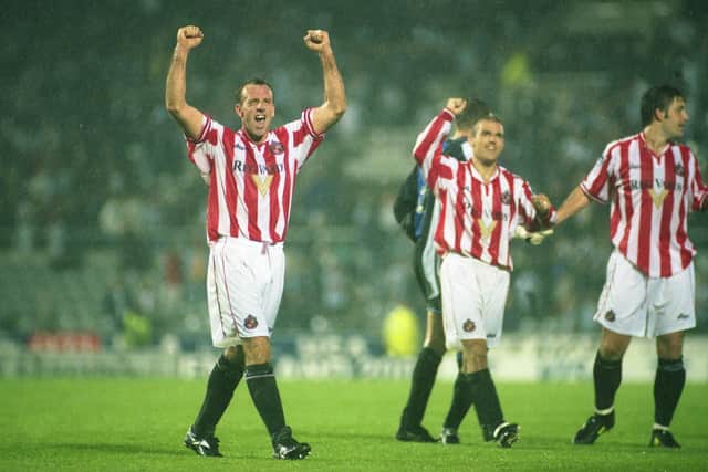 Kevin Ball leads the celebrations after Sunderland's win at St James Park in August 1999