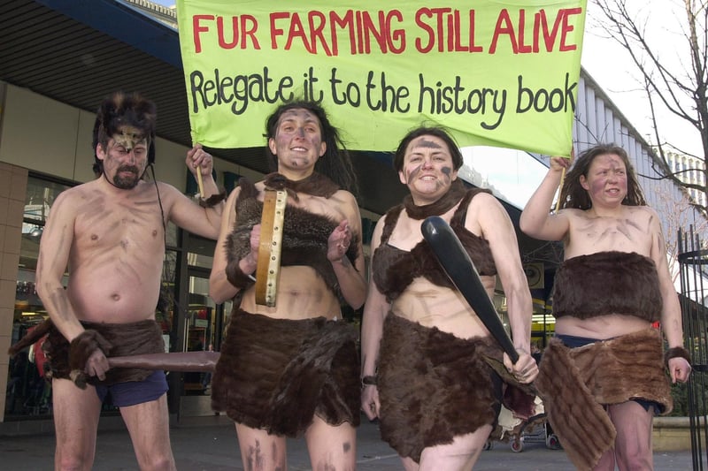 Making their feelings known in St Sepulchre Gate, Doncaster, are, "cave people", from left, Tom Gardener, Diane Sanderson, Louise Stevenson and Joanna Walker protesting about the use of fur in fashion back in February 2001