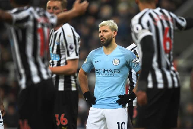 Sergio Aguero of Manchester City looks dejected during the Premier League match between Newcastle United and Manchester City at St. James Park on January 29, 2019 in Newcastle upon Tyne, United Kingdom. (Photo by Michael Regan/Getty Images)
