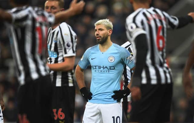 Sergio Aguero of Manchester City looks dejected during the Premier League match between Newcastle United and Manchester City at St. James Park on January 29, 2019 in Newcastle upon Tyne, United Kingdom. (Photo by Michael Regan/Getty Images)