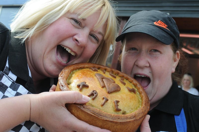 Nichola Hewitt and Sadie McNicholas with giant pork pie at Morrells in York Road 10 years ago but who can tell us more?