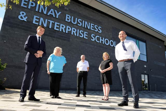 (Left to right) Cllr Adam Ellison with Chair of Governors, Cllr Audrey Huntley, Governor Robert Whitelaw, Business Manager Dianne Mountain and Headteacher Chris Rue.