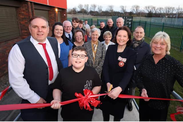 Picture shows (l-r) James Trainer, Chief Executive Officer of the Clegwell and Hartleyburn Community Hub, a youngster enjoying the new facilities, Susan Wear DL, Tyne and Wear Deputy Lieutenant, and Liz McHugh, Chair of the Trustees of Clegwell and Hartleyburn Community Hub cutting the ribbon