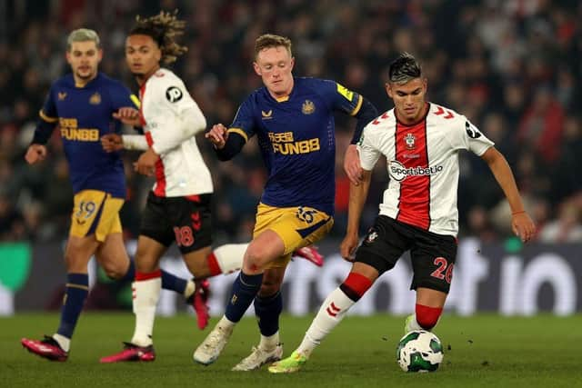 Newcastle United's English midfielder Sean Longstaff (2R) vies with Southampton's Argentinian midfielder Carlos Alcaraz (R) during the English League Cup semi-final first-leg football match between Southampton and Newcastle United at St Mary's Stadium in Southampton, southern England on January 24, 2023. (Photo by ADRIAN DENNIS/AFP via Getty Images)