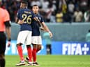France's forward #10 Kylian Mbappe (R) and France's forward #26 Marcus Thuram celebrate at the end of the Qatar 2022 World Cup Group D football match between France and Australia at the Al-Janoub Stadium in Al-Wakrah, south of Doha on November 22, 2022. (Photo by Jewel SAMAD / AFP) (Photo by JEWEL SAMAD/AFP via Getty Images)