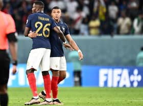 France's forward #10 Kylian Mbappe (R) and France's forward #26 Marcus Thuram celebrate at the end of the Qatar 2022 World Cup Group D football match between France and Australia at the Al-Janoub Stadium in Al-Wakrah, south of Doha on November 22, 2022. (Photo by Jewel SAMAD / AFP) (Photo by JEWEL SAMAD/AFP via Getty Images)