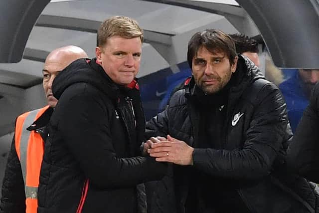 Eddie Howe and Antonio Conte ahead of Bournemouth's win over Chelsea in January 2018 (Photo credit should read BEN STANSALL/AFP via Getty Images)