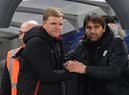 Eddie Howe and Antonio Conte ahead of Bournemouth's win over Chelsea in January 2018 (Photo credit should read BEN STANSALL/AFP via Getty Images)