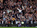 Newcastle United fans celebrate a goal from Miguel Almiron at Craven Cottage this month.