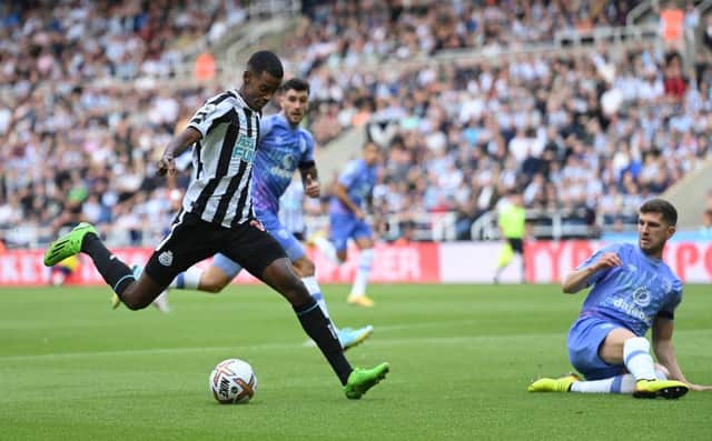 Newcastle United player Alexander Isak runs at the Bournemouth defence during the Premier League match between Newcastle United and AFC Bournemouth at St. James Park on September 17, 2022 in Newcastle upon Tyne, England. (Photo by Stu Forster/Getty Images)