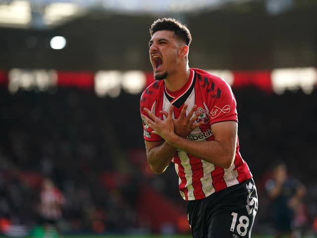 Armando Broja celebrates scoring a goal for Southampton last season.