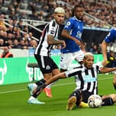 Newcastle United player Joelinton in action during the Premier League match between Newcastle United and Everton FC at St. James Park on October 19, 2022 in Newcastle upon Tyne, England. (Photo by Stu Forster/Getty Images)