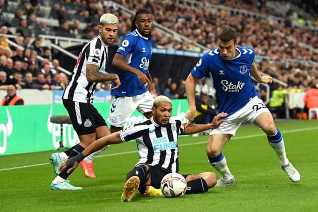 Newcastle United player Joelinton in action during the Premier League match between Newcastle United and Everton FC at St. James Park on October 19, 2022 in Newcastle upon Tyne, England. (Photo by Stu Forster/Getty Images)
