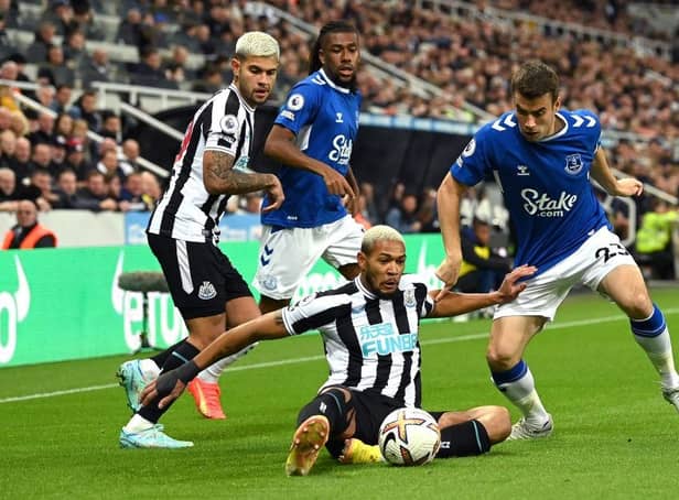 Newcastle United player Joelinton in action during the Premier League match between Newcastle United and Everton FC at St. James Park on October 19, 2022 in Newcastle upon Tyne, England. (Photo by Stu Forster/Getty Images)