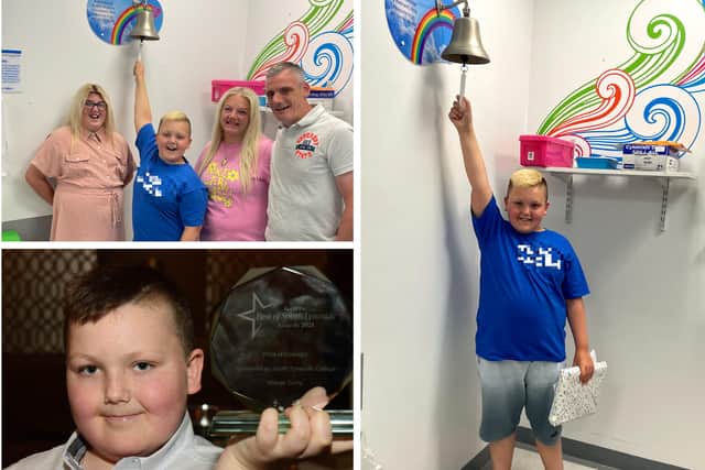 Joy for Nathan Curry as he rings the bell to end his leukaemia treatment.
