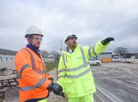 Transport minister Richard Holden (right) with contractor representative Luke Presho at the A585 Windy Harbour to Skippool site