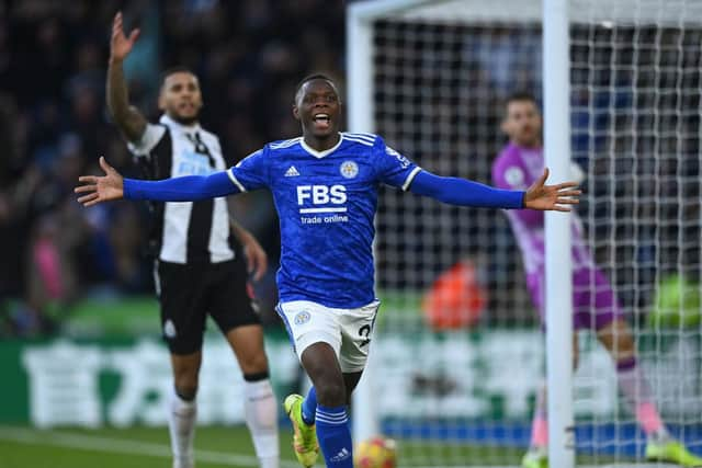 Patson Daka celebrates Leicester City's second goal.