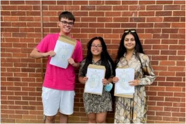 Carl Andre, Sofia Torres and Shreya Bhardwaj celebrate their GCSE results at St Wilfrid's R C College.