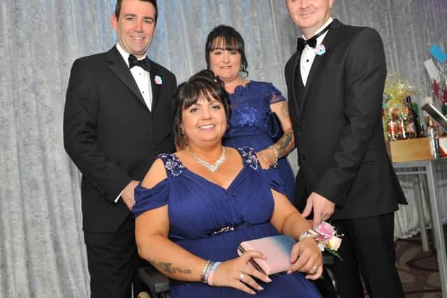 Liam's mum Caroline Curry and Chloe's parents, Mark and Lisa Rutherford, with Andy Burnham, Mayor of Manchester.