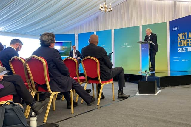 Tony Danker, Director General, CBI listens to Boris Johnson speaking during the 2021 CBI annual conference, held at The Port of Tyne, South Shields. Picture by FRANK REID