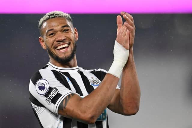 Newcastle United's Brazilian striker Joelinton applauds as he celebrates at the end of the English Premier League football match between West Ham United and Newcastle at the London Stadium, in London on April 5, 2023. (Photo by JUSTIN TALLIS/AFP via Getty Images)