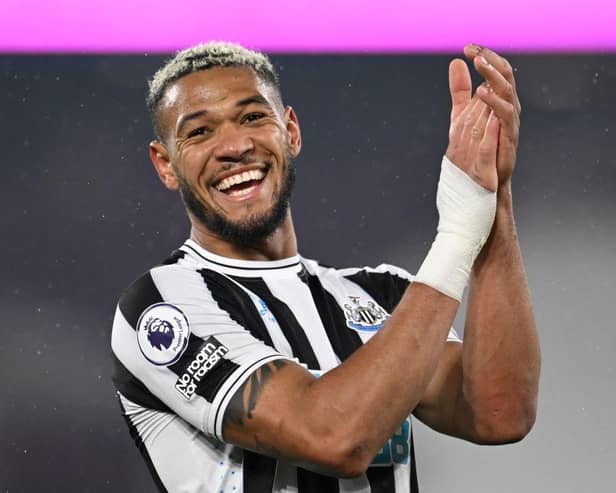 Newcastle United's Brazilian striker Joelinton applauds as he celebrates at the end of the English Premier League football match between West Ham United and Newcastle at the London Stadium, in London on April 5, 2023. (Photo by JUSTIN TALLIS/AFP via Getty Images)