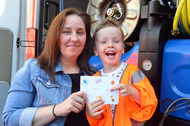 Robbie Plewa, four, with mam Sam. Ollie was delighted when Northumbrian Water paid him a surprise visit.
