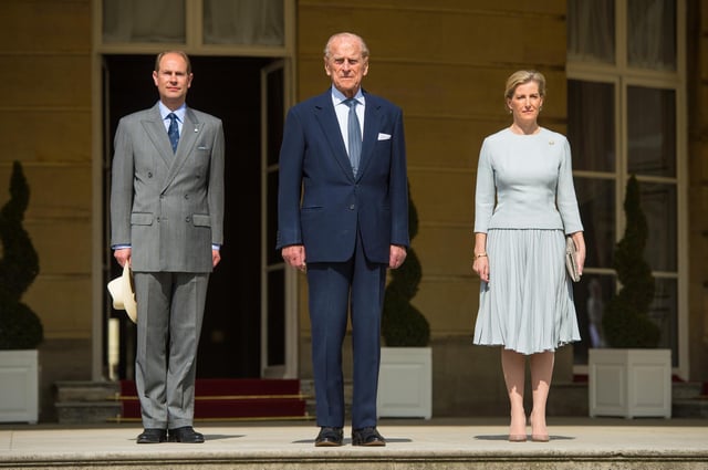 Prince Edward, Earl of Wessex, Prince Philip, Duke of Edinburgh and Sophie, Countess of Wessex attend the Duke of Edinburgh Award's 60th Anniversary Garden Party in 2016. Picture: Dominic Lipinski - WPA Photo/Getty Images.