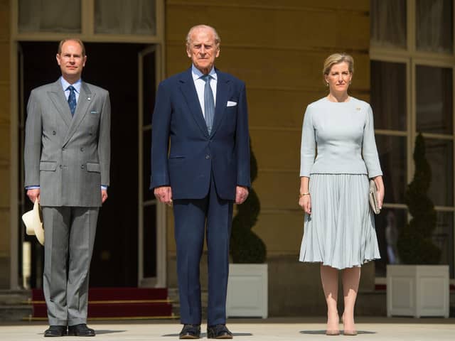 Prince Edward, Earl of Wessex, Prince Philip, Duke of Edinburgh and Sophie, Countess of Wessex attend the Duke of Edinburgh Award's 60th Anniversary Garden Party in 2016. Picture: Dominic Lipinski - WPA Photo/Getty Images.