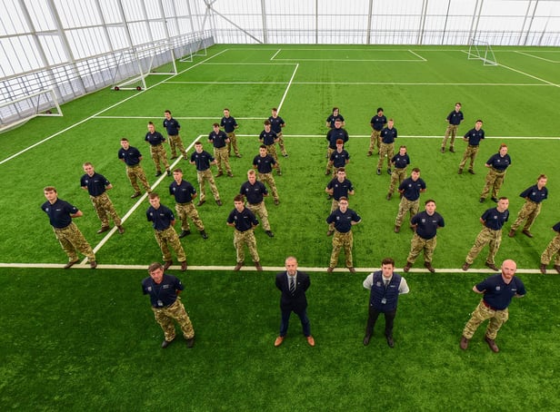 Standing with students at the Beacon of Light, from left to right, Craig Hepburn training instructor, Laurence ‘Ronnie’ Corbett, regional operations manager, motivational preparation college for training (North), Connan Cuthbertson MPCT Sunderland Centre manager and Stephen, forrest skills tutor.