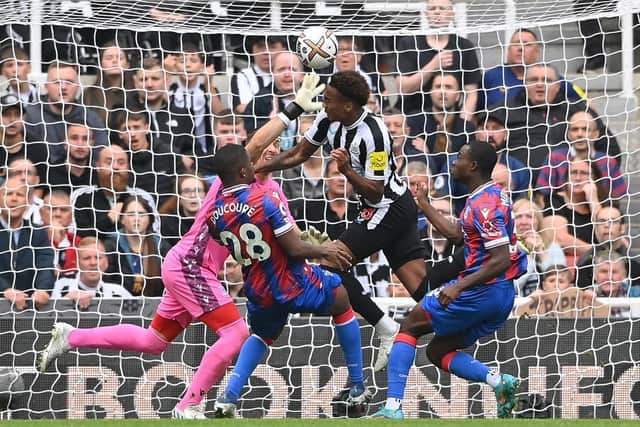 Tyrick Mitchell of Crystal Palace scores an own goal which was later disallowed by VAR after a foul by Joe Willock of Newcastle United during the Premier League match between Newcastle United and Crystal Palace at St. James Park on September 03, 2022 in Newcastle upon Tyne, England. (Photo by Stu Forster/Getty Images)