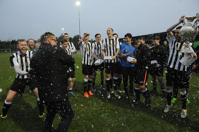 The Wearside League Shipowners Cup Final between Boldon CA FC and Gateshead Leam Rangers, played at Boldon CA Sports Ground. Boldon players and officials celebrate their 3-2 win in 2016.
