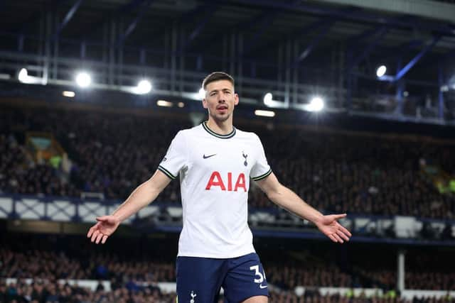 Clement Lenglet of Tottenham Hotspur looks on during the Premier League match between Everton FC and Tottenham Hotspur at Goodison Park on April 03, 2023 in Liverpool, England. (Photo by Alex Livesey/Getty Images)