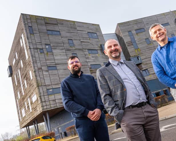 Outside the Quadrus Centre in East Boldon are, from left, Carl Thompson, Adam Brown and Carl Buckley. Photo by Elliot Nichol