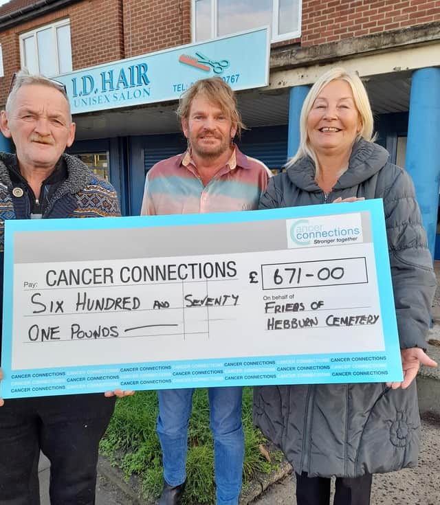John Stewart and Mark William Young from Friends of Hebburn Cemetery with Deborah Roberts of Cancer Connections