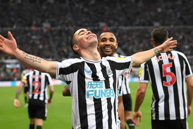 Goalscorer Miguel Almiron celebrates after scoring the fourth Newcastle goal with Callum Wilson during the Premier League match between Newcastle United and Aston Villa at St. James Park on October 29, 2022 in Newcastle upon Tyne, England. (Photo by Stu Forster/Getty Images)