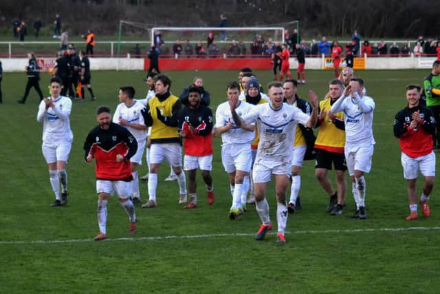 Consett players celebrate quarter final win at Atherstone. CREDIT GARY WELFORD CONSETT AFC