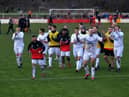 Consett players celebrate quarter final win at Atherstone. CREDIT GARY WELFORD CONSETT AFC