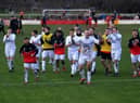 Consett players celebrate quarter final win at Atherstone. CREDIT GARY WELFORD CONSETT AFC