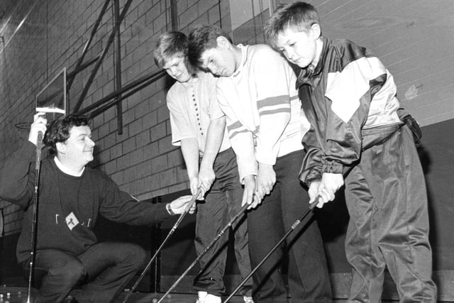 Castle Eden golf professional Tim Jenkins is pictured instructing young champions (left to right) Simon Richmond, Matthew Emmerson and Gareth Rayner at Mill House Leisure Centre. Does this bring back happy memories?
