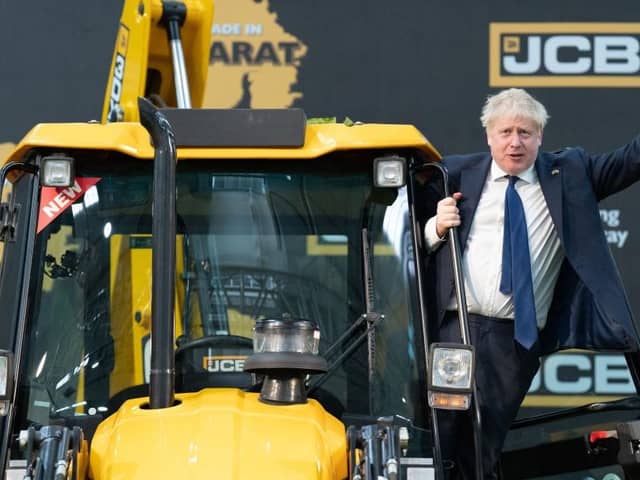 VALODARA, INDIA - APRIL 21: Prime Minister Boris Johnson pictured at the JCB Factory in Vadodara, Gujarat, during his two-day trip to India on April 21. Picture: Stefan Rousseau - WPA Pool/Getty Images.