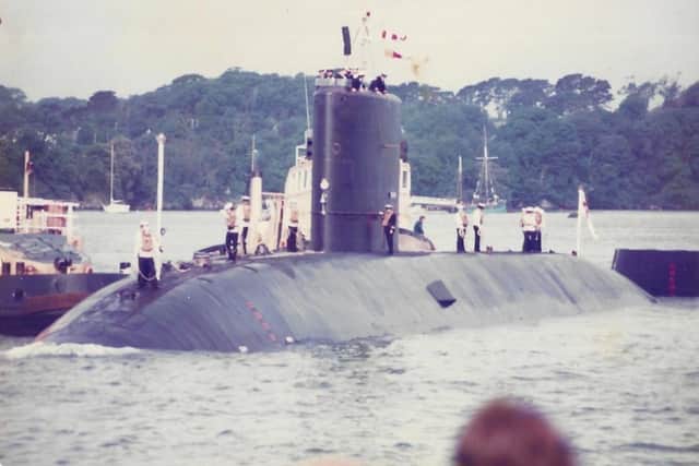 HMS Spartan returning to port on June 24, 1982.