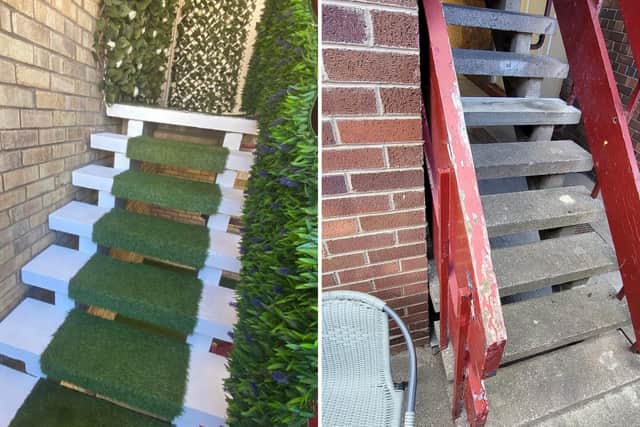 The turfed staircase before and how it looks now after fixtures removed