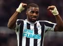 Allan Saint-Maximin celebrates Newcastle United's Carabao Cup win.