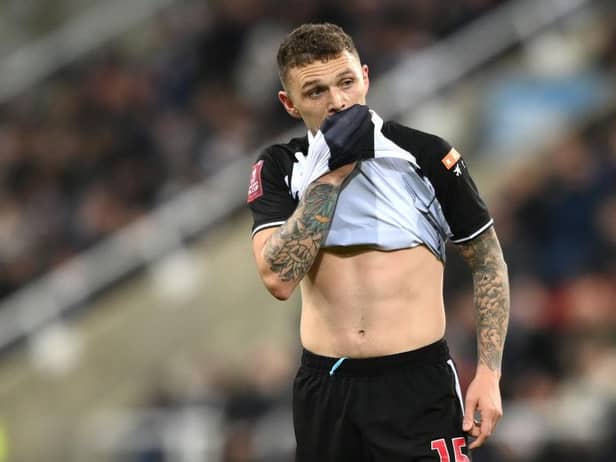 Newcastle player Kieran Trippier reacts during the Emirates FA Cup Third Round match between Newcastle United and Cambridge United at St James' Park on January 08, 2022 in Newcastle upon Tyne, England. (Photo by Stu Forster/Getty Images)
