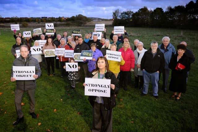 Fellgate Councillors Alan Smith and Geraldine Kilgour with residents opposing proposals to build on greenbelt.
