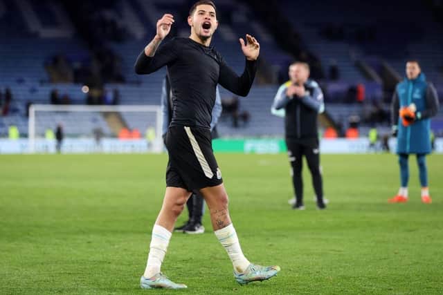 Bruno Guimaraes of Newcastle United celebrates following their side's victory in the Premier League match between Leicester City and Newcastle United at The King Power Stadium on December 26, 2022 in Leicester, England. (Photo by Nathan Stirk/Getty Images)