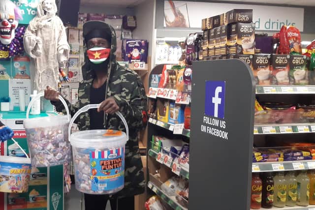 At Halloween former SAFC star Pascal Chimbonda helped the shop dish out 25 drums of sweets to local youngsters.