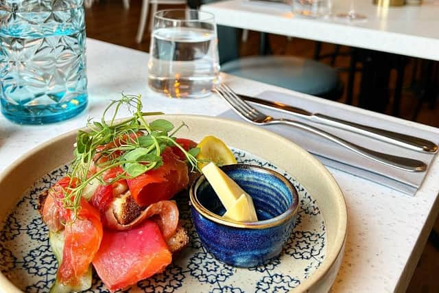 Beetroot and Gin Smoked Salmon with Sour Dough and French Butter from the starters menu.